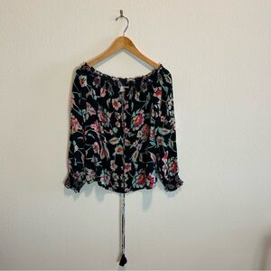 Tanya Taylor Black Floral Off-Shoulder Mosaic Silk Blouse